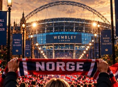 Norske supportere holder opp et NORGE-skjerf utenfor Wembley Stadium i London
