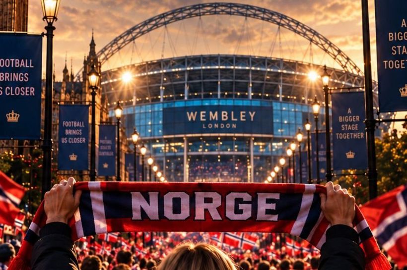 Norske supportere holder opp et NORGE-skjerf utenfor Wembley Stadium i London